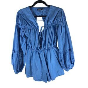 Blue Boohoo Long Sleeve Tie Front Romper 100% Cotton Womens Casual Style US 4